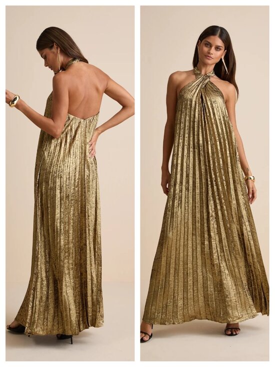 Lulus Dresses & Skirts - Lulus Gelsey Gold Lurex Pleated Halter Shift Maxi Dress L